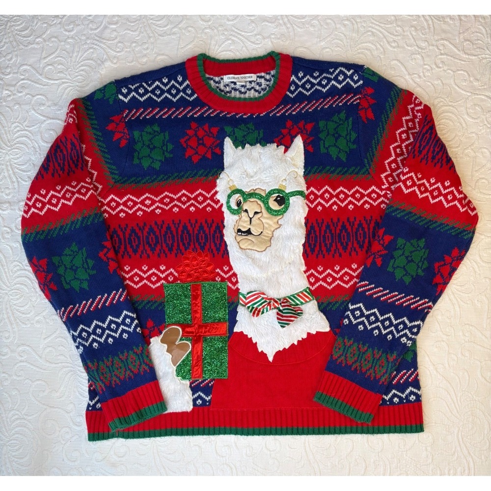 Celebrate Together‎ Mens XL glasses Llama Ugly Christmas Sweater Green/Red/Blue